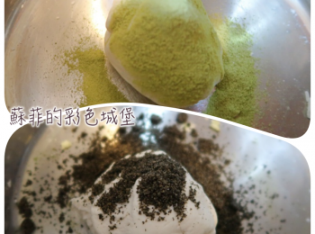 step3: 其中兩等份分別加入綠茶粉和芝麻粉後，揉勻。
