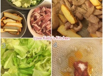 step1: 用調味料醃豬頸肉大約1小時，豆干切片，椰菜切開備用；