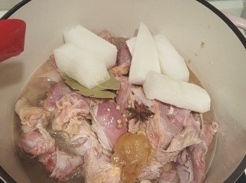 step2: 預熱vermicular煲。 落少少油， 熱一熱啲薑蒜， 落牛腩去煎。 煎一陣後加一杯水， 將其餘材料放落去，最後落蘿蔔。