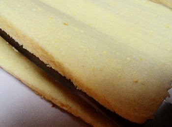 step1: 將買回來的海綿蛋糕切成薄片 
或是自己烤好蛋糕之後代涼切成2公分左右薄片