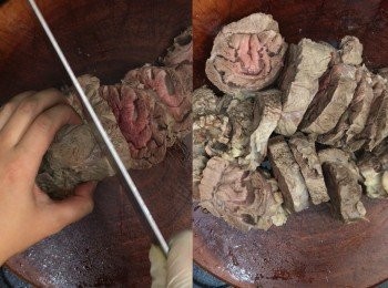 step3: 煮好後把蔥、薑和牛展(腱)都拿出來，湯留用
牛展(腱)待涼後，切厚片(約1.5CM厚)備用
（一定要切厚片或是大件，這樣才好吃！）