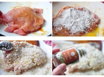 step3: 1.將上下肉片蓋上 2.沾裹蛋液再沾地瓜粉 3.接著再沾蛋液，最後沾麵包粉 4.下鍋炸前於外層再灑上義大利香料