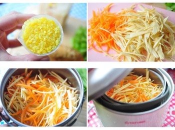 step2: 彩色米為免洗米，不需再洗米。最佳比例米：水=1：1.35~1.5（杯）浸泡10分鐘，更加香Q好吃~ 將地瓜與紅蘿蔔洗淨後刨絲，量多量少都隨個人喜好，全部放入電鍋內鍋(外鍋為1米糧杯水)開始燉煮至電源跳起後約悶5~10分鐘即可