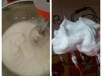 step7: 打到有紋路加最後第三次糖，再轉中速打到硬性泡沫（抽起打蛋器時蛋白泡沫頂端是直立小三角，最後轉回低速打半分鐘