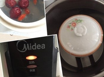 step3: 燉盅加入備好的開水，蓋好並放入電高壓鍋，調煲湯位置。