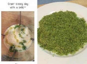 step2: 將所有香草（硬梗都要去除）和麵包粉及帕馬森起司一起放入果汁機裡，加入少許的橄欖油，打成粉狀（不要打太久以免結塊），倒在平的盤子上備用。