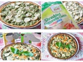 step7: 將炒好的內餡鋪在派皮上，鋪上少許乳酪絲，再放置烤箱烤到魯洛絲略焦黃即可取出，女兒特定畫上母女人偶慶祝完成點心派囉!