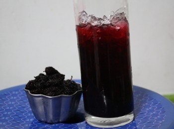 step7: 等晚上孩子回來或是自己想喝點飲料解渴，就可以自己從冰箱中 拿出桑葚汁倒在裝滿冰塊的杯子裡，一解夏日炎熱的溫度，蜜桑 葚可以有時無聊看電視的點心解悶也不錯。