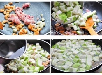 step3: 先將蒜片、乾蝦米、絞肉拌炒爆香，接著放入絲瓜丁拌炒約1分鐘，再加入冷水滾煮