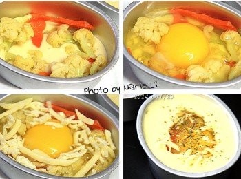 step4: 其實，前面的作法圖
都是直接取材先前《蘋果乳酪雞蛋糕》的作法
從這邊開始，要進入嶄新的旅程囉！

先將模具裡面塗抹上一層油脂以利脫模
然後再倒進約五分之一模具高的麵糊
沿著模具邊緣放進已煮熟的《蒜炒花椰菜》
然後很豪邁地打進一顆完整的雞蛋
再鋪上一圈乳酪絲、一圈麵糊
灑上些許義大利香料，完成‧‧‧

※說來有點不好意思，其實‧‧‧
這道鹹蛋糕是清冰箱的料理
內餡用得是昨天晚餐剩下的炒花椰菜
就花椰菜和紅蘿蔔加少許蒜瓣下去拌炒
因為本身炒好的菜已有加鹽調味
所以這道鹹蛋糕份外地夠味好吃喔！！！