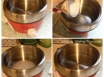 step1: 先加入清水和砂糖進小電鍋，將火力調較至3度。攪拌至砂糖融化，水滾，便調較至1度。