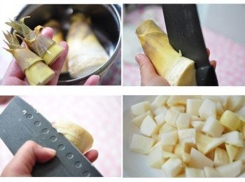 step6: 再將筍頭切除，再由筍肚剖開即可輕鬆去除筍殼，再將底部稍微去除較粗的筍皮，最後切成小丁塊