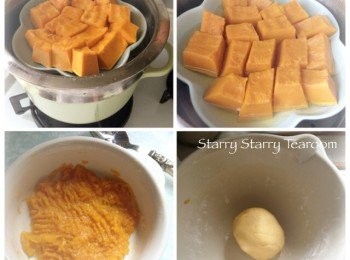 step2: 先將南瓜蒸熟，用叉子壓成蓉。用70g糯米粉混合10g砂糖，再加入南瓜蓉，慢慢搓成一個粉團。