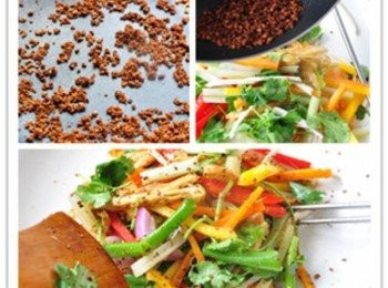 step3: 再來使用少許的玄米油將豆酥煸香後，在倒入彩蔬盤中，均勻攪拌即可