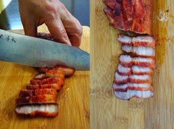 step5: 要用切熟食的菜板來切肉。