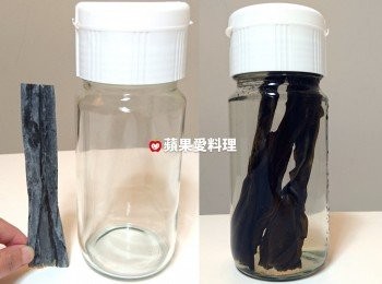 step2: 製作【<span class="group_1">昆布高湯</span>】：依瓶身高度，剪3條昆布。將昆布放入瓶中，加滿水，蓋好瓶蓋。