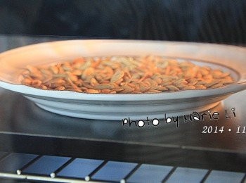 step2: 烤箱預熱 200度‧‧‧

把弄乾的南瓜子鋪在烤盤上
灑上一點鹽、香料
我使用的是義大利香料，拌勻。

放進預熱好的烤箱中烘烤約 15分鐘。