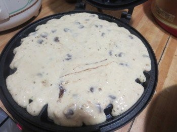 step5: 當華夫鐵機熱，然後舀一杯量的麵糊到鐵的中心。按照您的華夫餅乾機需要多長時間烤熟。（我大約需要3 - 每4分鐘）