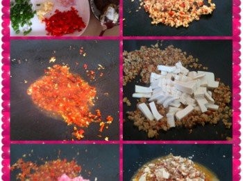 step1: 取出鍋加入適量的食油，蒜蓉蔥碎，紅辣椒剁碎和豆醬下鍋爆香。