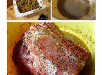 step2: 先將4-5小塊的綠咖哩塊切成細小微顆粒感的粉末，再與粗粒黑楜椒及少許的鹽巴溶於水中，並將整塊豬里肌放入醃泡約半小時使其入味