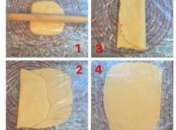 step3: 從冰箱拿出來後,麵糰底下墊保鮮模上面也蓋保鮮模,用壓桿的方式從中間慢慢往上下桿開,略桿成一片正方型或長方型,折三折,再桿平,再折三折後再桿平成一片與模具大小相同的派皮即可,用保鮮模包好放入冷凍5分鐘.冷卻一下.