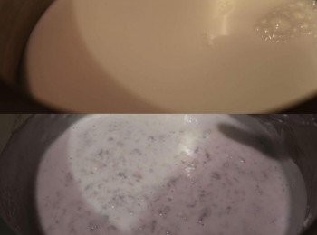 step4: 取一鍋子倒入鮮奶，加熱至微溫時，加入芋泥持續攪拌，兩者完全結合時，即可熄火。