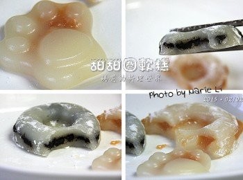 step6: 這次用了《澄粉》
讓成品晶瑩剔透
也更加軟Q順口
因為包進了餡料
所以也將糖的使用減少了一些
果然一整個口感與味道都得到了升級
真得很好吃耶！！！

除了甜甜圈造型之外
另外也用僅剩的一點麵糊
做了一個貓爪造型的軟糕
那種晶瑩Q彈的外皮
真是超級可愛的啦！！！
