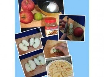 step1: 蘋果帶皮,去梗後,切薄片,再把籽去掉，微波2分鐘，讓蘋果呈軟Q狀，備用。