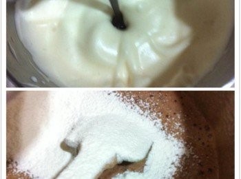 step3: 將白砂糖和雞蛋打發，然後加入溶解的巧克力攪拌均勻，再篩入自發粉和發粉輕輕攪拌均勻。