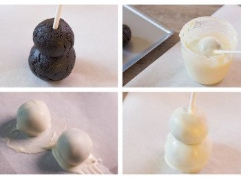 step7: 把朱古力溶化，把Oreo球浸入朱古力平均沾上後再取走平放於牛油紙上面待朱古力凝固即成。之後可用朱古力隨意裝飾，未享用前請置於雪櫃（冷藏室Refrigerator）儲存，因為在室溫放得太久，材料中的Oreo餡料會釋出油份。