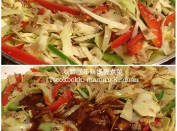 step4: 倒入椰菜絲和拌好醬料拌匀炒香，