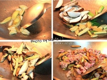 step7: 起油鍋，先將蒜和薑下鍋爆香
依序放進蔥段、鮮菇、玉米筍下去拌炒
加入素蠔油、糖和些許米酒
再稍微拌炒一下使之入味
最後再將魚胗下鍋拌炒約 3~5分鐘 (魚胗不宜久炒)

起鍋前丟進些許九層塔和一點點的肉桂粉提味