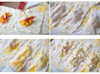 step2: 先將一片片餛飩皮鋪皮，放入玉米力與豆棗絲擠入沙拉，再對折(邊邊塗上少許的水)，用叉子將三邊壓花，接著塗上蛋黃，將少許的杏仁片沾黏上面