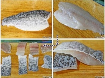 step3: 先將魚片洗淨後拭乾水份，再平均分成４塊魚片後以薄且利的短刀 小心的沿著魚皮切割下來備用；烤箱以60度C預熱至少20分鐘