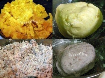 step2: 用飯匙壓成泥，保留一些大顆粒口感較佳，加入地瓜粉及熱水，揉捏麵糰混合均勻。