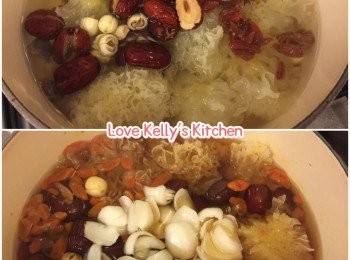 step2: 水滾後將材料雪耳、蓮子、紅棗、杞子、桂圓放入煲內，待滾後轉細火煲20分鐘，然後落鮮百合及冰糖再煲10分鐘完成