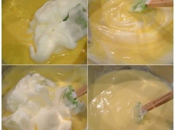 step6: 將打好的蛋白分2到3次加入蛋黄混合液中攪至均勻，加一次攪拌均匀才加入第二次。