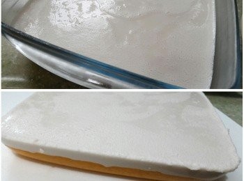 step5: 牛奶、開水、椰奶倒入小鍋內，再加入步驟⑷加熱攪拌至溶解。待涼後倒入步驟⑶內冷藏約4小時，取出切件。