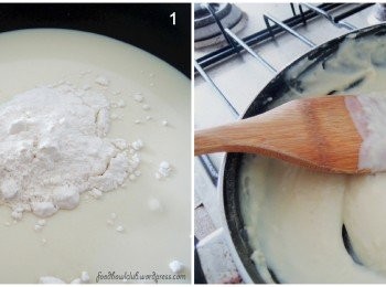 step1: ［制作湯種］ 以中火预热锅子，加入豆浆和面粉，不停的搅拌均匀至粘稠的质地。熄火，将面糊放一旁充分的冷却。