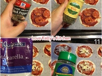 step3: 在餃子皮塗上1茶匙茄膏，放上辣肉腸灑上少許黑椒和Basil，再放上適量的Parmesan Cheese和Mozzarella Cheese；