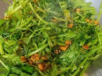 step2: 熱油爆香蒜蓉，將通菜炒軟，下醬汁兜勻已可。