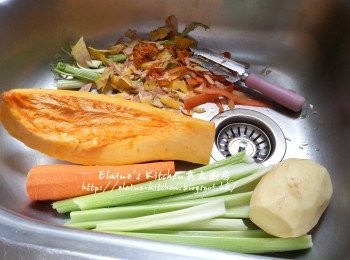 step1: 西芹去纖維 , 薯仔去皮 , 甘旬去皮 , 南瓜去籽去皮