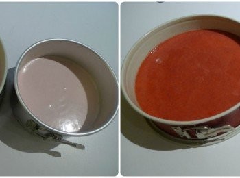 step4: 重奶油用手持攪拌器打至滑順，將鮮奶油慢慢拌進奶油乳酪裡直到均勻。將內餡倒進蛋糕模裡，輕輕敲打蛋糕模使裡面的泡泡消失。放進冰箱裡冰兩小時。