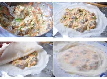 step3: 取出兩張春捲皮，並加入適量的粉糊，再上下蓋住，並於邊緣沾些粉糊(或蛋清)微微黏住