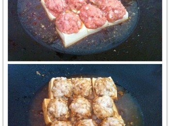 step4: 把釀好的豆腐一塊一塊的排下鍋，把鍋蓋蓋起來以中火燜煮至半收汁即可。
取出灑上莞茜在表面上即可享用。