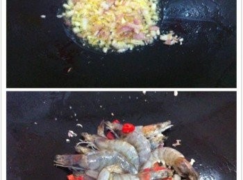 step2: 取出鍋加入牛油，爆香蒜蓉，蔥片。
然後加入鮮蝦，紅辣椒圈炒翻，至7分熟。