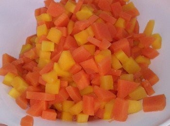 step2: 有機馬鈴薯切成丁狀(雖然是有機<span class="group_1">食材</span>，我仍然用滾水稍微川燙一下)