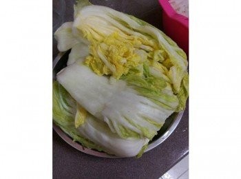step1: 大白菜切四份，每一片葉子扒開撒上鹽，放置室內4個小時或者放進冰箱一晚