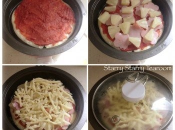 step3: 煎至兩面都微微轉色時，將火力調較至1度。搽上茄膏，加入所有材料，然後鋪上芝士。蓋好鍋蓋，將火力調較至2度，焗烤4分鐘。