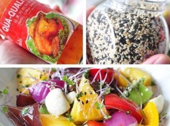 step3: 取出泰式甜辣醬拌淋在<span class="group_1">食材</span>上，灑些黑白混合芝麻就好囉~